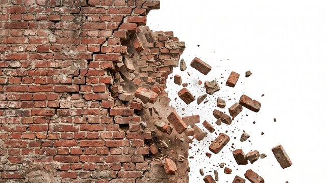 Collapsing red brick wall with falling debris, dramatic destruction scene in urban setting
