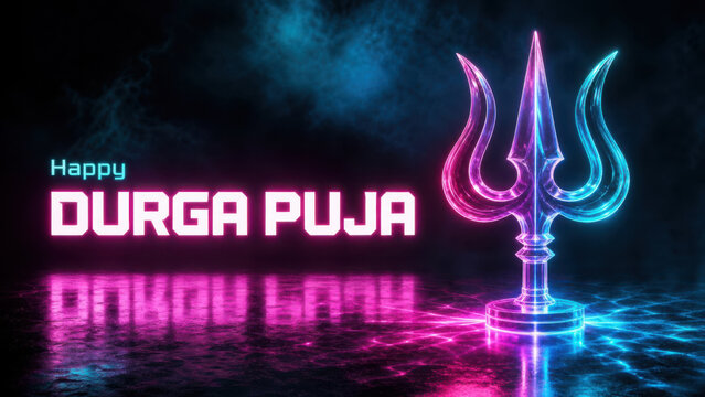 Glowing neon trishul trident with happy durga puja text on dark blue smokey generated using ai