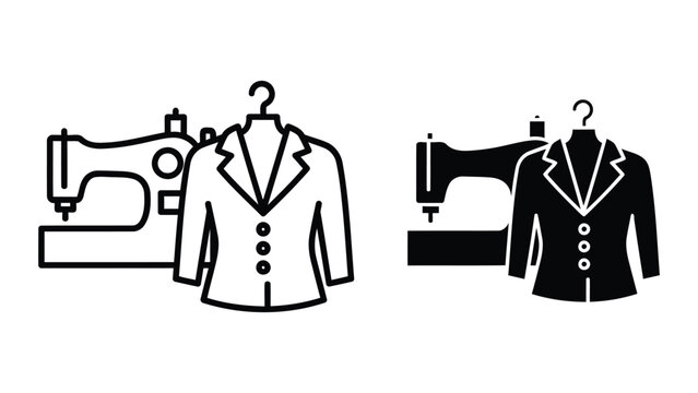 Professional sewing machine and tailored blazer vector icon set for fashion industry