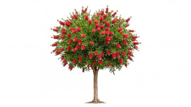 Vibrant callistemon bottle brush tree featuring bright red flowers and lush green foliage standing isolated in studio on white background