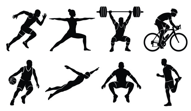 Athletic sports and fitness workout silhouette icon set featuring running cycling weightlifting swimming yoga and basketball