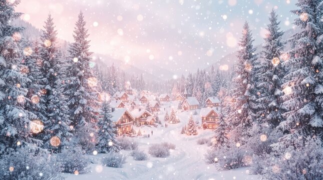 A beautiful magical winter forest scene serving as a perfect christmas backround with falling snow and lights