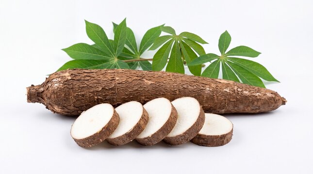 Raw cassava root with fresh green leaves and sliced round pieces arranged together in a studio setting on white background