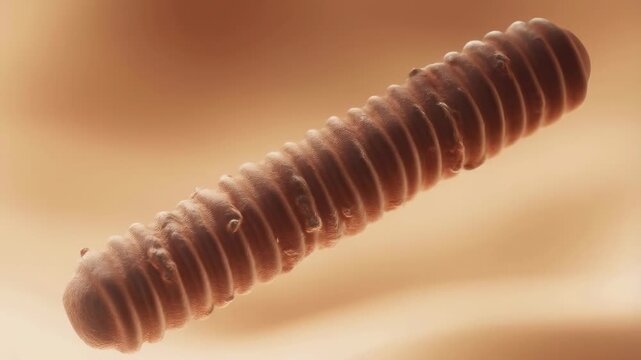 Segmented biological form floats and slowly rotates in a softly lit abstract studio setting. Biology education, science presentations, and laboratory explainers.