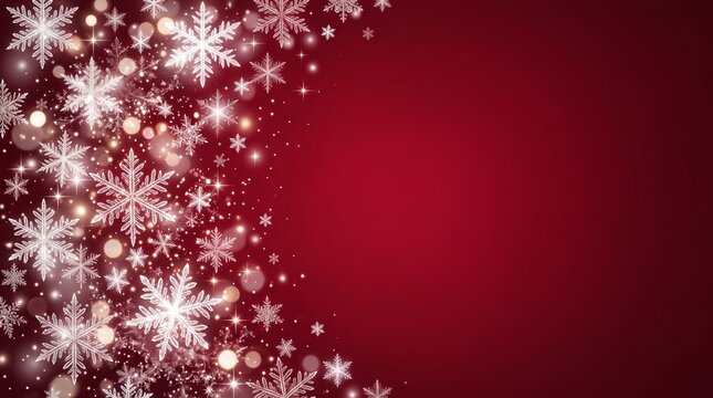 Elegant dark red christmas backround featuring glowing white snowflakes and soft bokeh lights for seasonal holiday design projects