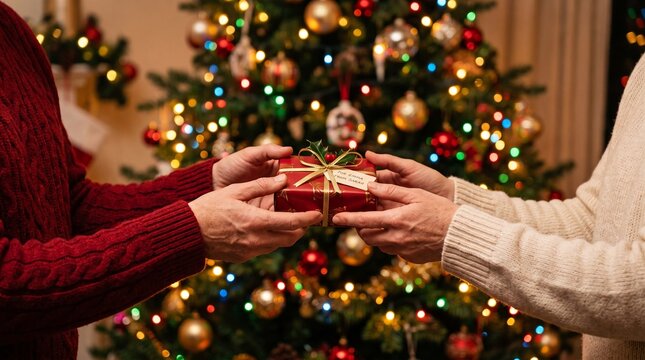 A close up of two people exchanging a wrapped gift in front of a festive christmas backround tree