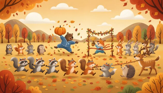 Cute cartoon autumn forest animals gathering with Halloween pumpkins in fall landscape digital illustration for corporate stock photo presentation website background header element banner de