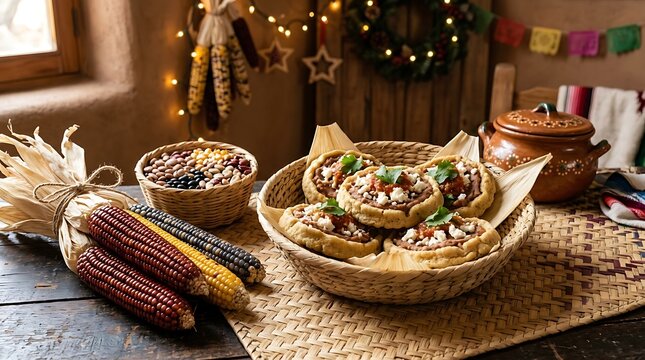 Traditional mexican sopes topped with meat and cheese served in a rustic setting