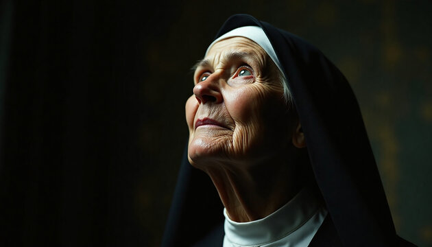 Dramatic side profile portrait of elderly nun looking up towards divine light. Faithful senior sister praying in darkness