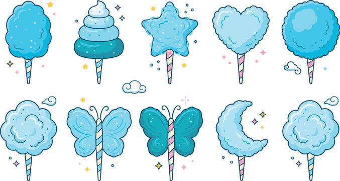 Cute blue cotton candy vector set featuring sweet fairy floss on striped sticks shaped like stars, hearts, butterflies, clouds, and moons in whimsical cartoon style.