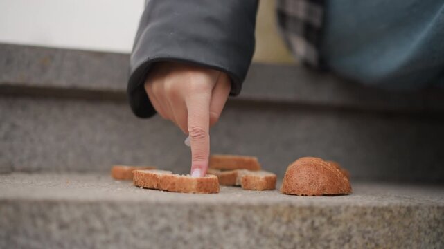Close up of person hand reaching down to pick up pieces of bread on stone steps. focus remains steady as person selects each slice revealing texture details and scattered crumbs