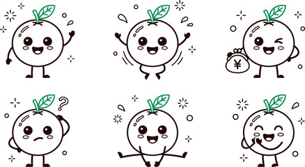 Fototapeta premium Cute orange fruit mascot character vector set featuring funny citrus emoticons with happy, jumping, confused, and money saving expressions in minimal line art style.