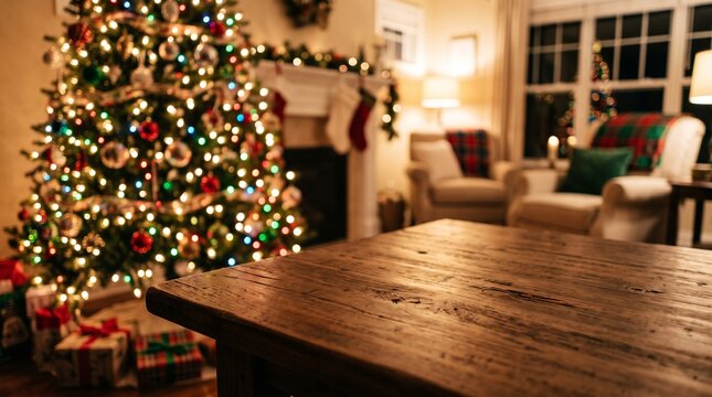 A festive christmas backround featuring a decorated tree and a rustic wooden table in a cozy living room