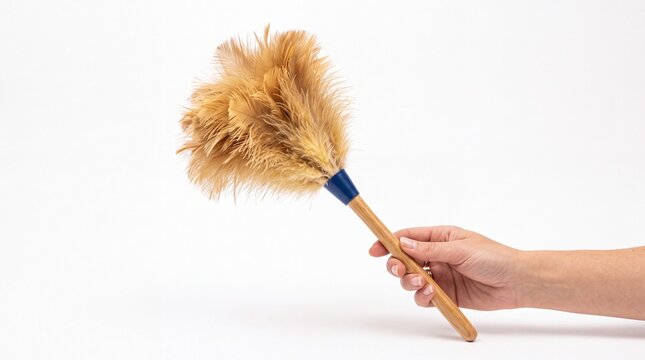 Hand holding soft fluffy brown feather duster with wooden handle isolated for household chores and cleaning tasks on white background