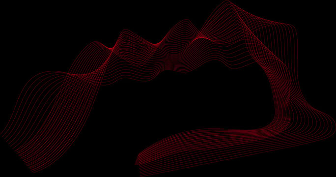 Abstract red wave lines on black background, flowing digital frequency curves, dark cinematic motion graphic for technology wallpaper