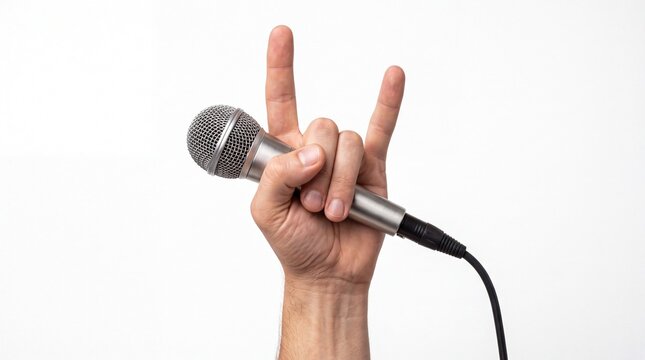 Silver handheld microphone held by male hand making rock and roll sign gesture in bright studio lighting on white background