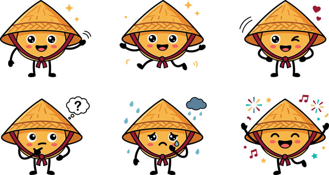 Cute Vietnamese conical hat emoji character vector set featuring funny straw hat emoticons with happy, sad, and dancing reactions for tourism mascot stickers.