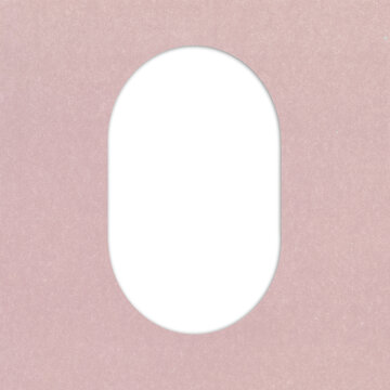 Dusty pink textured paper photo frame with tall capsule shaped opening on a transparent background