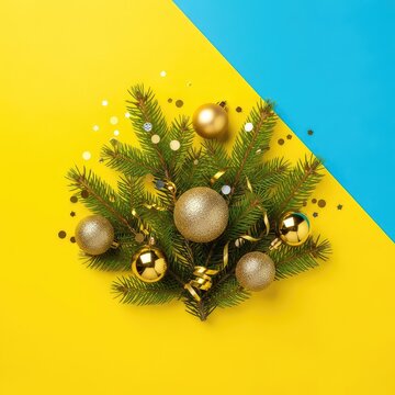 Festive holiday background featuring lush green fir branches adorned with shiny gold ornaments, sparkling baubles, and shimmering confetti, decorative, abstract, xmas