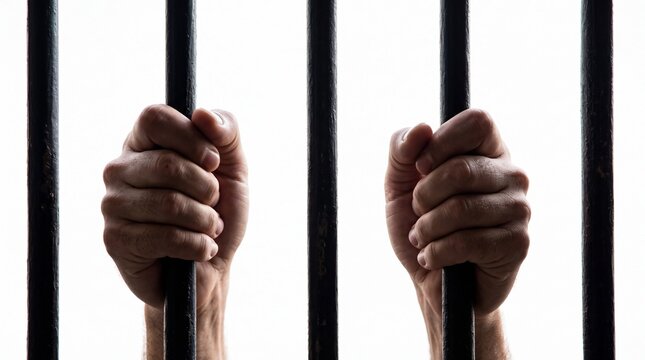 Human hands gripping dark metallic prison bars to signify loss of freedom and confinement in a high contrast on white background