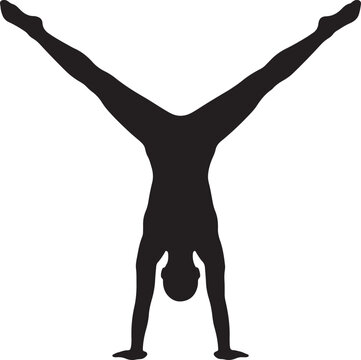 Black silhouette of a professional female gymnast performing a handstand with a wide leg split for balance and athletic training exercise