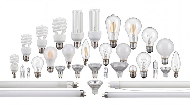Collection of various modern energy efficient light bulbs including fluorescent and led variants captured in studio lighting on white background