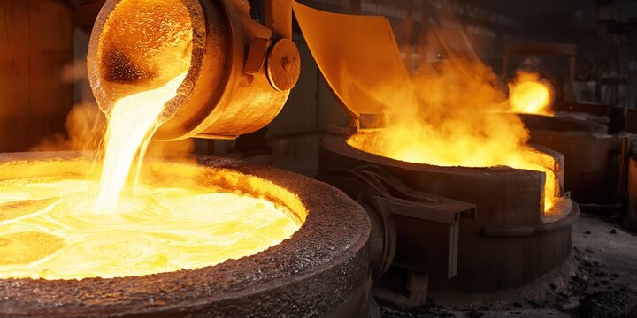 Molten metal pouring into a crucible in a fiery industrial smelting process