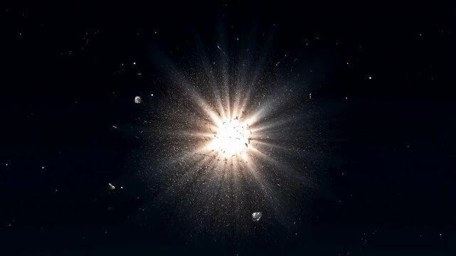 Radiating light particles expand through a dark cosmic field. Science presentation opener, technology title sequence, and space-themed motion design.