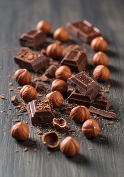 Scattered dark chocolate shavings and broken chunks mixed with whole toasted hazelnuts on a dark wooden rustic table top in close up view, composition, confection, macro