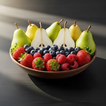 Vibrant organic fruits including crisp pears and sweet berries sit neatly inside a ceramic bowl on a dark surface with soft morning light, light, strawberry, background