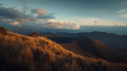 Obraz premium Dramatic Volcanic Crater Landscape at Sunset with Golden Grass and Mountains