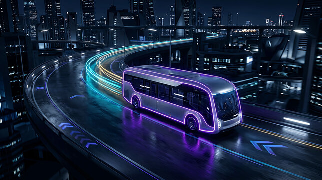 Futuristic autonomous electric bus driving on a highway at night in a city