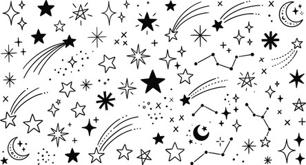 Collection of hand drawn celestial stars and shooting comets isolated on a white background for design projects © MdAktar