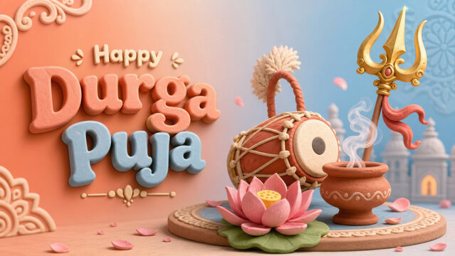 3D rendered happy durga puja scene with dhak drum lotus flower and trishul generated using ai