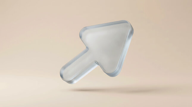 3D render of a glossy glass cursor arrow floating against a beige background