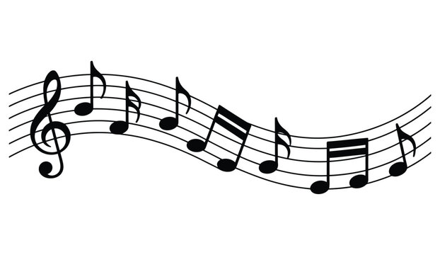Musical note wave vector featuring melody symbols, bass and treble notes for sheet music, sound, composition and musical design