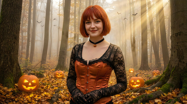 Beautiful young woman in a witch costume standing in a magical autumn forest at Halloween