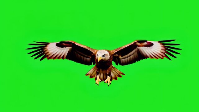 Majestic bald eagle flying on green screen, powerful raptor bird soaring in mid-air, wild eagle wings flapping for video compositing