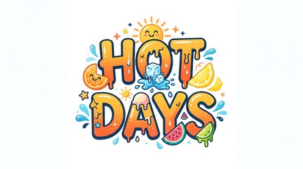 Fototapeta premium Hot days summer typography design with melting lettering fresh fruit and ice cubes art.