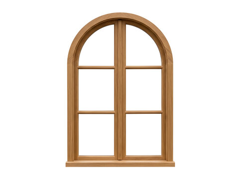 Arched wooden window frame with mullion bars for design, isolated on transparent background