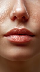 Naklejka premium Extreme close-up of a woman's symmetrical nose and full lips with subtle shine