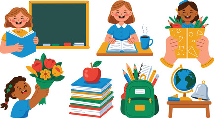 Fototapeta premium Cute school education illustrations featuring teachers, students, books, backpack, apple, flowers, pencils, globe and classroom supplies