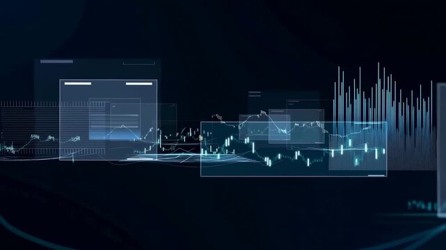 Animated digital financial charts and data overlays flow