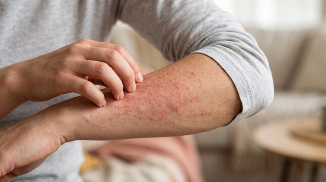 Dermatology asian young woman, girl allergy, allergic reaction from atopic, insect bites on her arm, hand in scratching itchy, itch red spot or rash of skin. Healthcare, treatment of beauty.