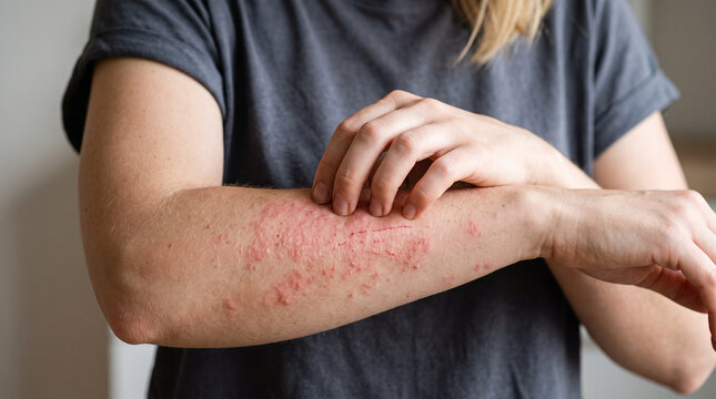 Dermatology asian young woman, girl allergy, allergic reaction from atopic, insect bites on her arm, hand in scratching itchy, itch red spot or rash of skin. Healthcare, treatment of beauty.