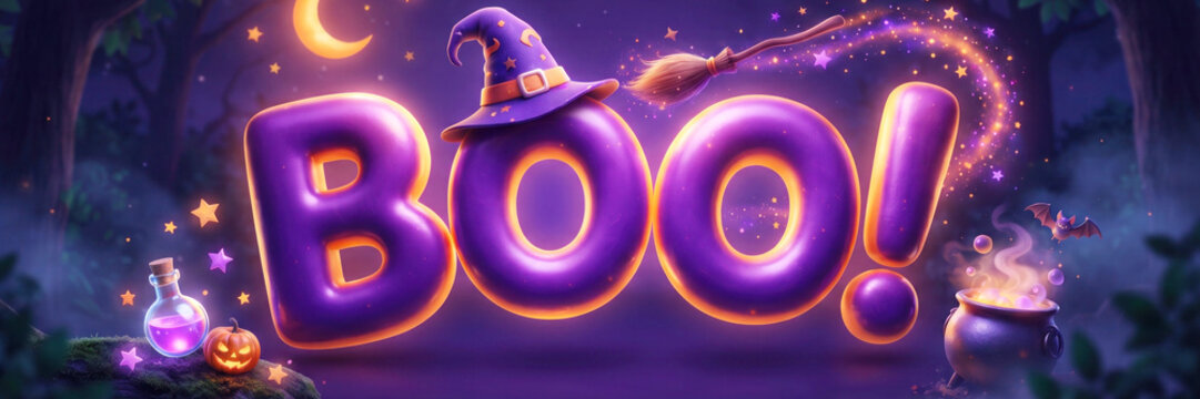3d halloween boo banner with witch hat and magic
