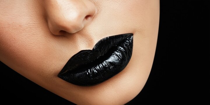 Extreme close-up of a woman's lips with glossy black lipstick against a dark background