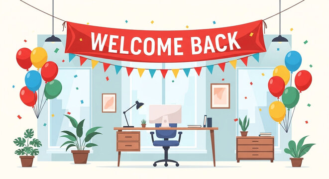 Welcome back office celebration banner, festive workplace return party with balloons and bunting, corporate reopening event decor