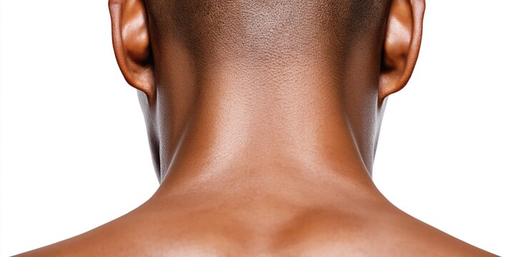 Close-up view of the back of a person's neck and shoulders with a clean white background