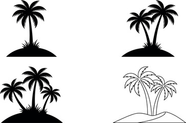 Fototapeta premium Palm Tree Silhouette And Line Icon Set Featuring Tropical Island Beach Vector Illustration